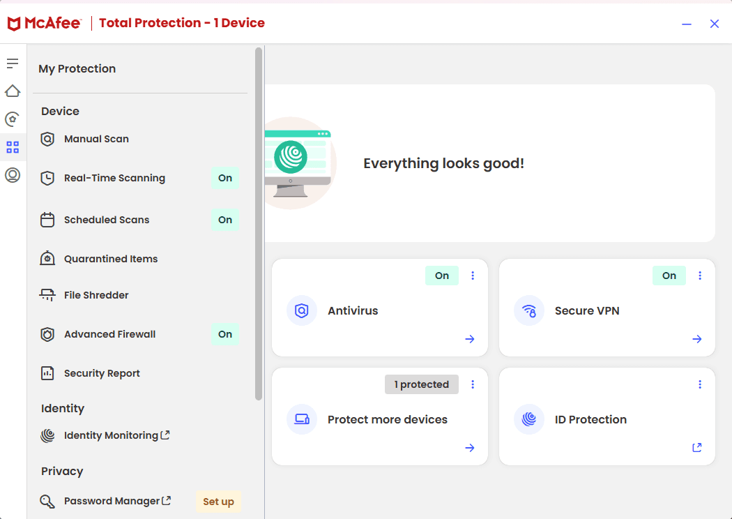 McAfee Total Protection, My Protection screen